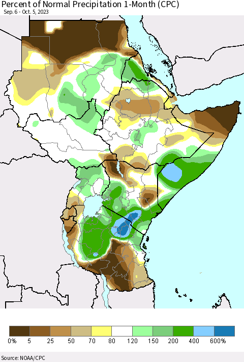 Eastern Africa Percent of Normal Precipitation 1-Month (CPC) Thematic Map For 9/6/2023 - 10/5/2023