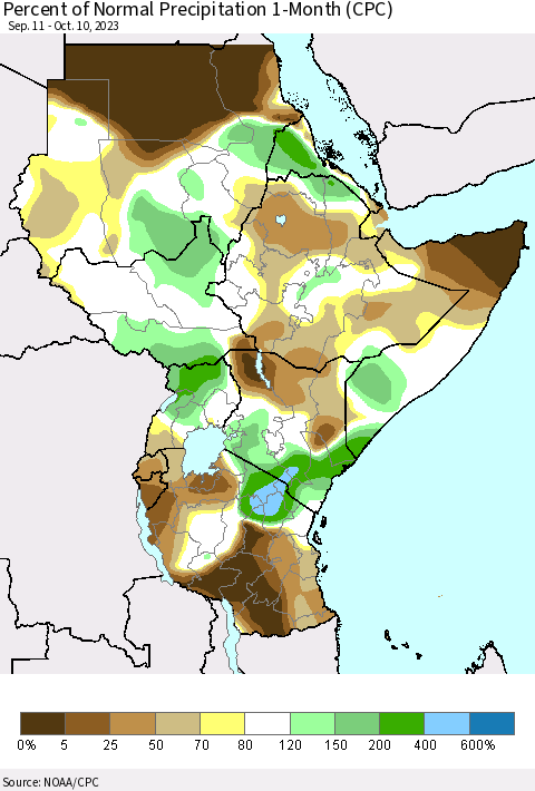 Eastern Africa Percent of Normal Precipitation 1-Month (CPC) Thematic Map For 9/11/2023 - 10/10/2023