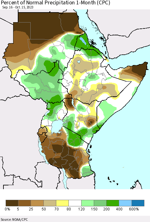 Eastern Africa Percent of Normal Precipitation 1-Month (CPC) Thematic Map For 9/16/2023 - 10/15/2023