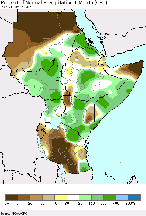 Eastern Africa Percent of Normal Precipitation 1-Month (CPC) Thematic Map For 9/21/2023 - 10/20/2023