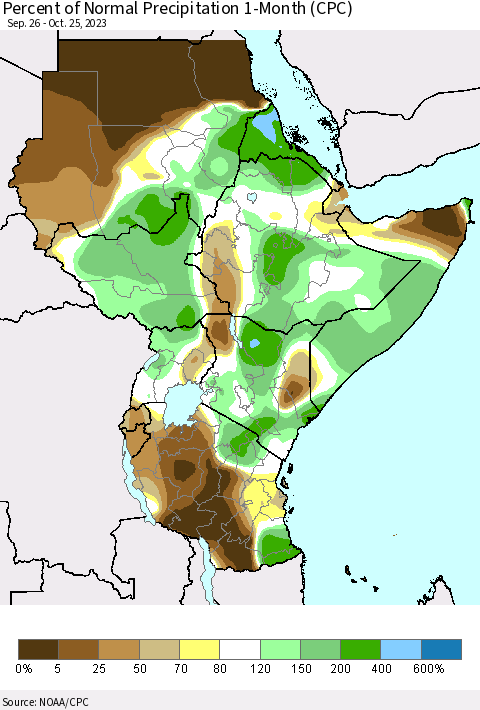 Eastern Africa Percent of Normal Precipitation 1-Month (CPC) Thematic Map For 9/26/2023 - 10/25/2023