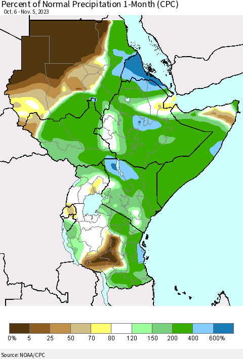 Eastern Africa Percent of Normal Precipitation 1-Month (CPC) Thematic Map For 10/6/2023 - 11/5/2023