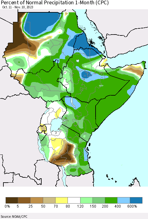 Eastern Africa Percent of Normal Precipitation 1-Month (CPC) Thematic Map For 10/11/2023 - 11/10/2023
