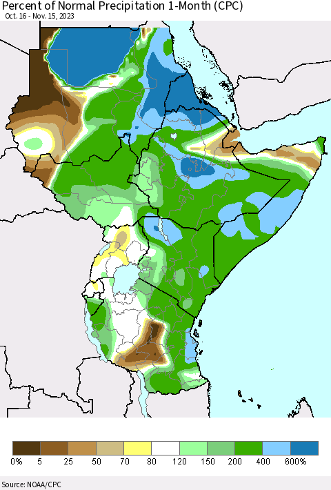 Eastern Africa Percent of Normal Precipitation 1-Month (CPC) Thematic Map For 10/16/2023 - 11/15/2023