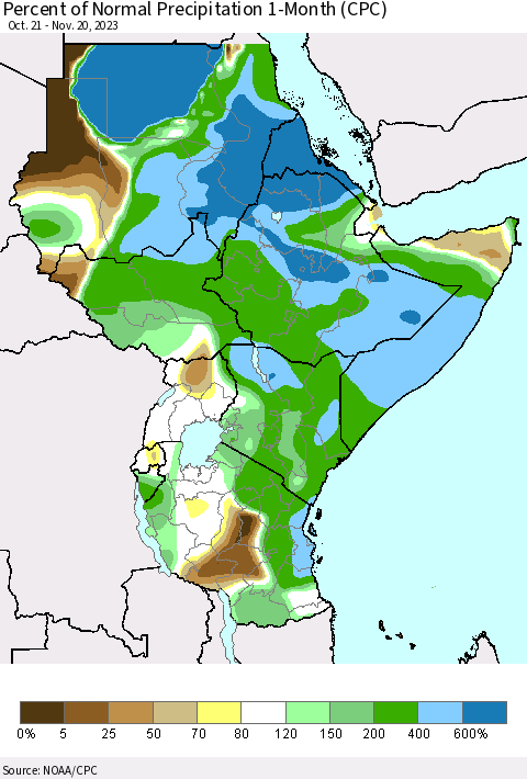 Eastern Africa Percent of Normal Precipitation 1-Month (CPC) Thematic Map For 10/21/2023 - 11/20/2023