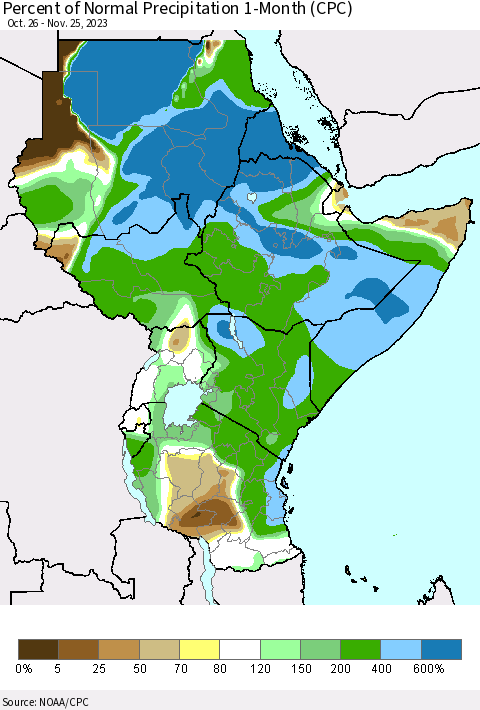 Eastern Africa Percent of Normal Precipitation 1-Month (CPC) Thematic Map For 10/26/2023 - 11/25/2023