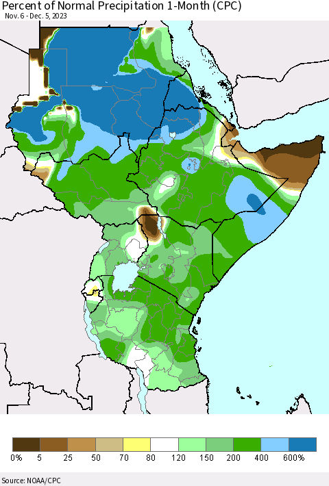 Eastern Africa Percent of Normal Precipitation 1-Month (CPC) Thematic Map For 11/6/2023 - 12/5/2023