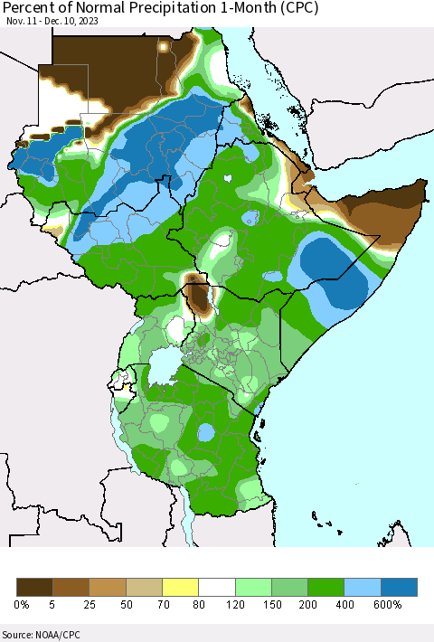 Eastern Africa Percent of Normal Precipitation 1-Month (CPC) Thematic Map For 11/11/2023 - 12/10/2023