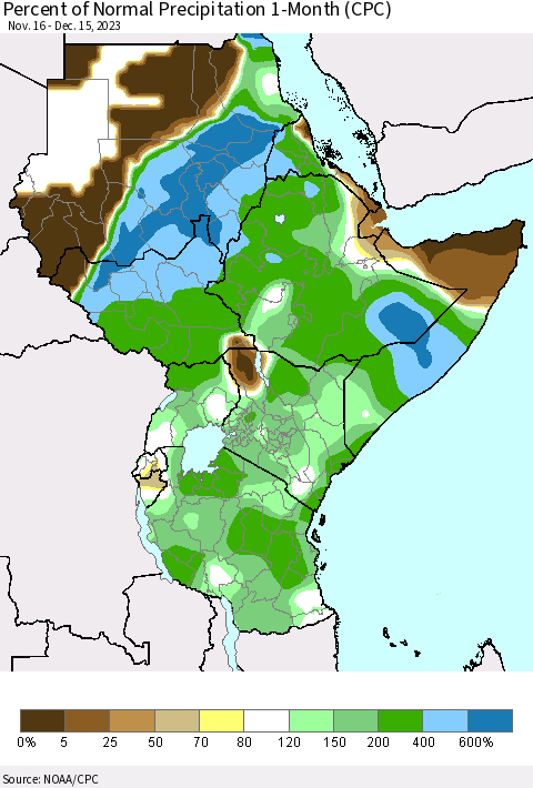 Eastern Africa Percent of Normal Precipitation 1-Month (CPC) Thematic Map For 11/16/2023 - 12/15/2023