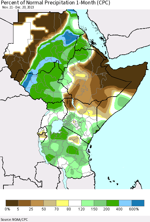 Eastern Africa Percent of Normal Precipitation 1-Month (CPC) Thematic Map For 11/21/2023 - 12/20/2023