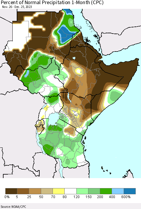 Eastern Africa Percent of Normal Precipitation 1-Month (CPC) Thematic Map For 11/26/2023 - 12/25/2023