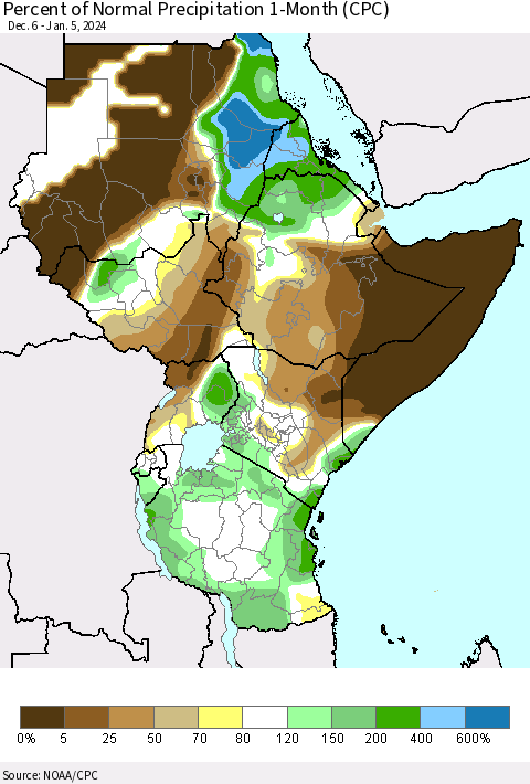 Eastern Africa Percent of Normal Precipitation 1-Month (CPC) Thematic Map For 12/6/2023 - 1/5/2024