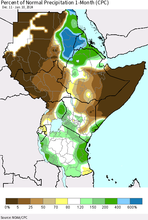 Eastern Africa Percent of Normal Precipitation 1-Month (CPC) Thematic Map For 12/11/2023 - 1/10/2024