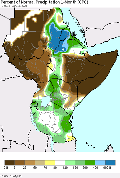 Eastern Africa Percent of Normal Precipitation 1-Month (CPC) Thematic Map For 12/16/2023 - 1/15/2024