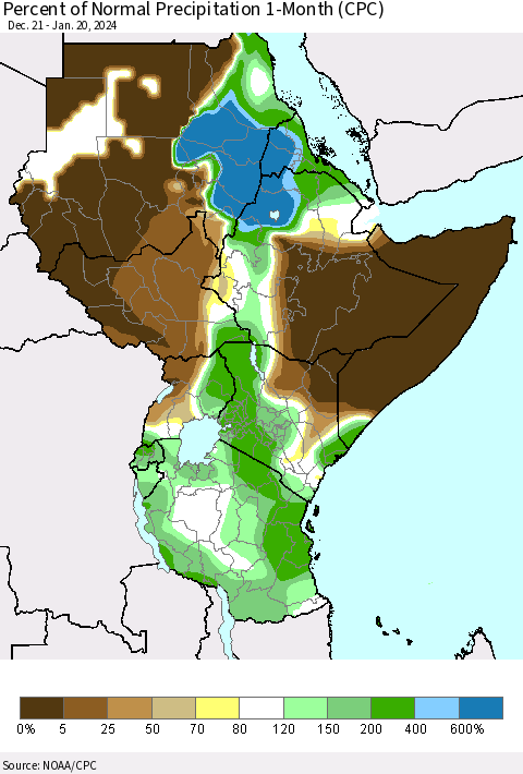 Eastern Africa Percent of Normal Precipitation 1-Month (CPC) Thematic Map For 12/21/2023 - 1/20/2024