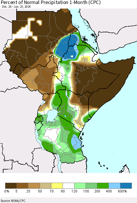 Eastern Africa Percent of Normal Precipitation 1-Month (CPC) Thematic Map For 12/26/2023 - 1/25/2024