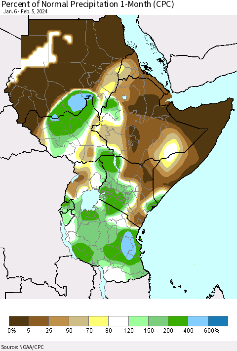 Eastern Africa Percent of Normal Precipitation 1-Month (CPC) Thematic Map For 1/6/2024 - 2/5/2024