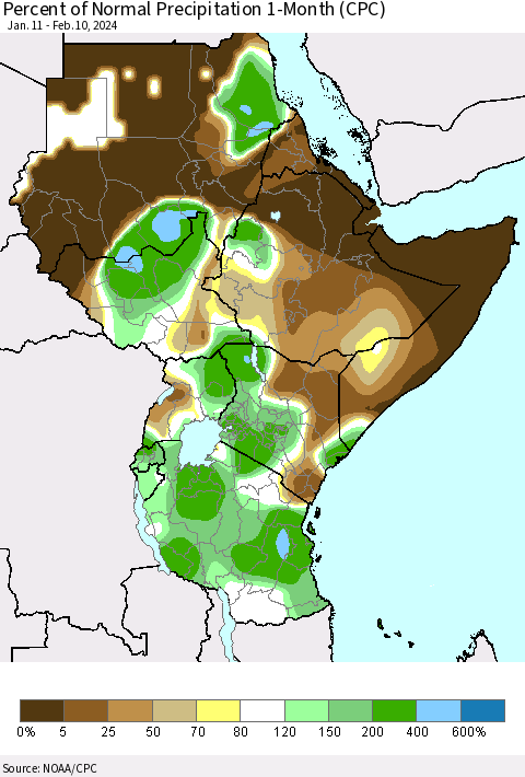 Eastern Africa Percent of Normal Precipitation 1-Month (CPC) Thematic Map For 1/11/2024 - 2/10/2024