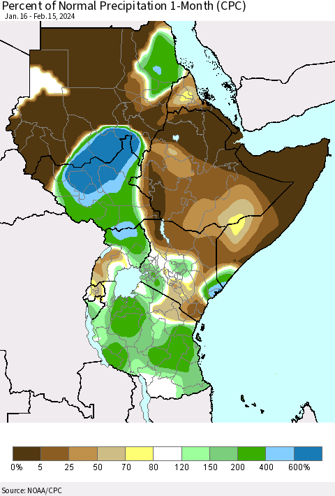 Eastern Africa Percent of Normal Precipitation 1-Month (CPC) Thematic Map For 1/16/2024 - 2/15/2024