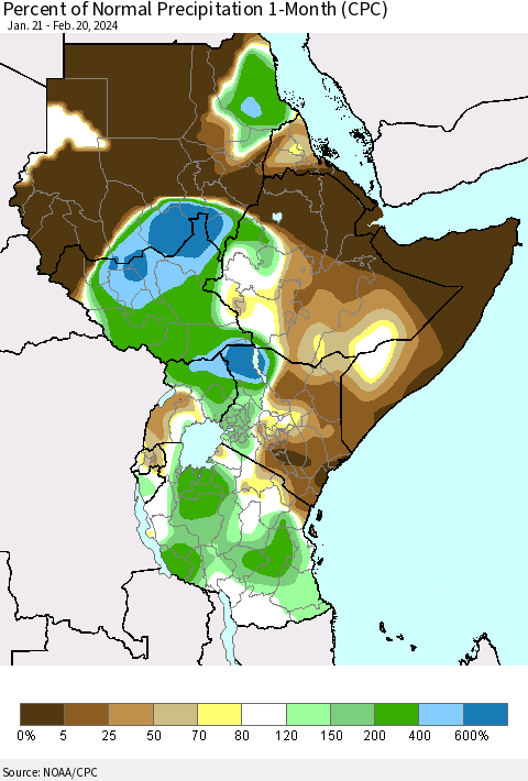 Eastern Africa Percent of Normal Precipitation 1-Month (CPC) Thematic Map For 1/21/2024 - 2/20/2024