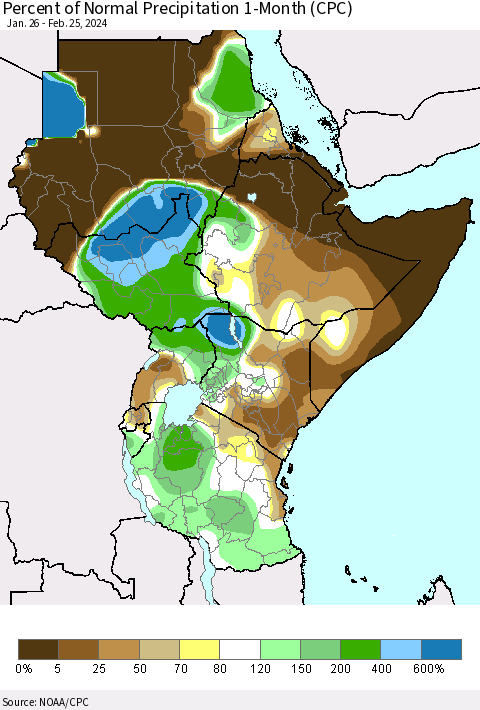 Eastern Africa Percent of Normal Precipitation 1-Month (CPC) Thematic Map For 1/26/2024 - 2/25/2024
