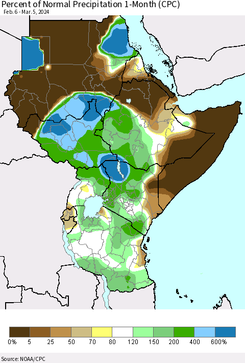 Eastern Africa Percent of Normal Precipitation 1-Month (CPC) Thematic Map For 2/6/2024 - 3/5/2024
