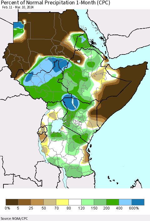 Eastern Africa Percent of Normal Precipitation 1-Month (CPC) Thematic Map For 2/11/2024 - 3/10/2024