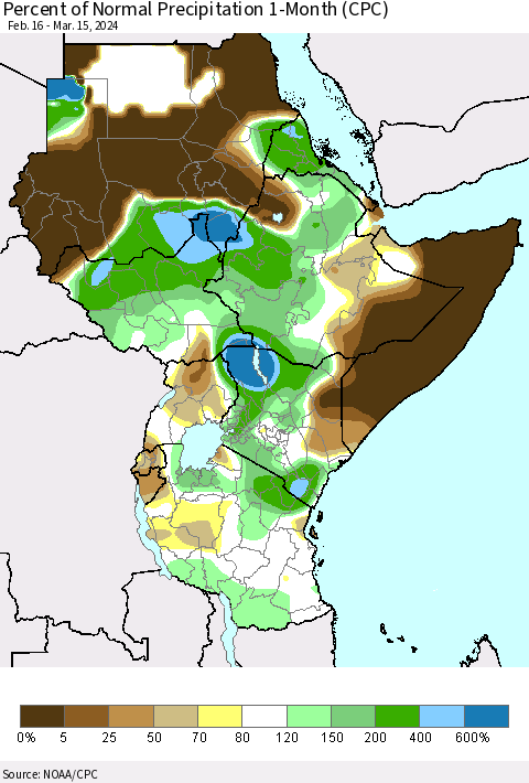 Eastern Africa Percent of Normal Precipitation 1-Month (CPC) Thematic Map For 2/16/2024 - 3/15/2024