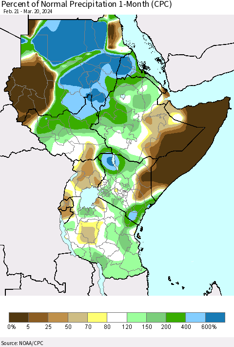 Eastern Africa Percent of Normal Precipitation 1-Month (CPC) Thematic Map For 2/21/2024 - 3/20/2024