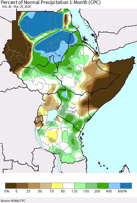 Eastern Africa Percent of Normal Precipitation 1-Month (CPC) Thematic Map For 2/26/2024 - 3/25/2024