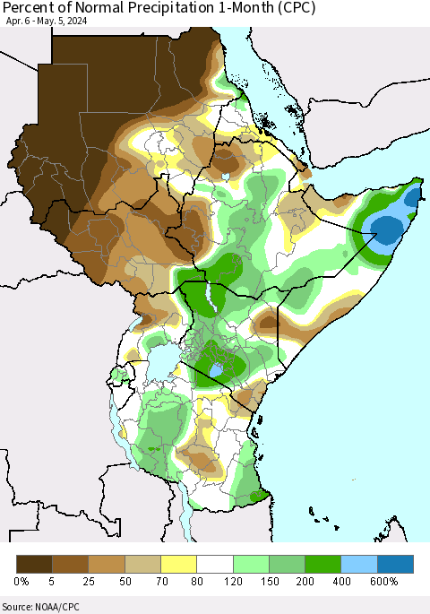 Eastern Africa Percent of Normal Precipitation 1-Month (CPC) Thematic Map For 4/6/2024 - 5/5/2024