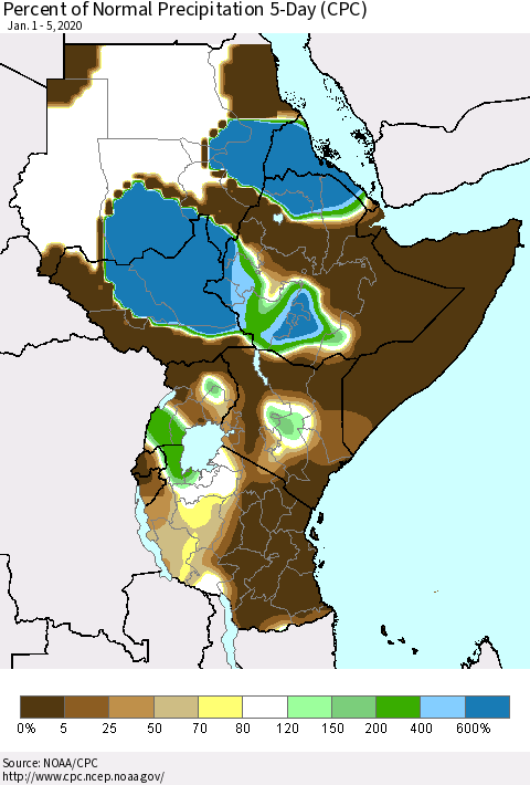 Eastern Africa Percent of Normal Precipitation 5-Day (CPC) Thematic Map For 1/1/2020 - 1/5/2020