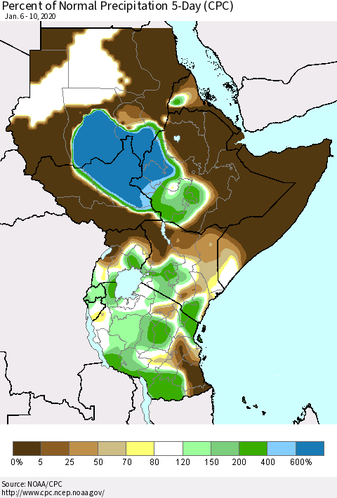 Eastern Africa Percent of Normal Precipitation 5-Day (CPC) Thematic Map For 1/6/2020 - 1/10/2020