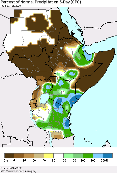 Eastern Africa Percent of Normal Precipitation 5-Day (CPC) Thematic Map For 1/11/2020 - 1/15/2020
