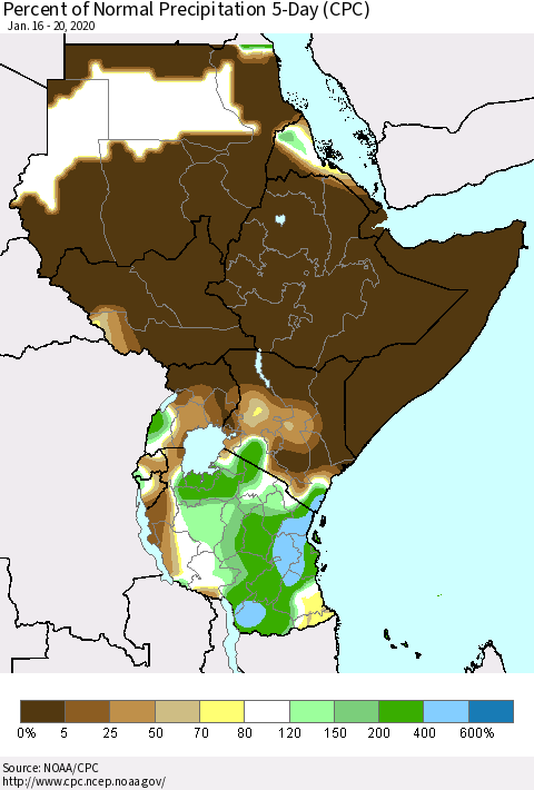 Eastern Africa Percent of Normal Precipitation 5-Day (CPC) Thematic Map For 1/16/2020 - 1/20/2020