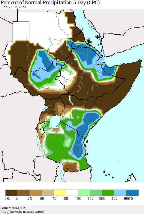 Eastern Africa Percent of Normal Precipitation 5-Day (CPC) Thematic Map For 1/21/2020 - 1/25/2020