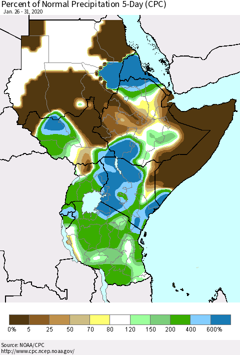 Eastern Africa Percent of Normal Precipitation 5-Day (CPC) Thematic Map For 1/26/2020 - 1/31/2020