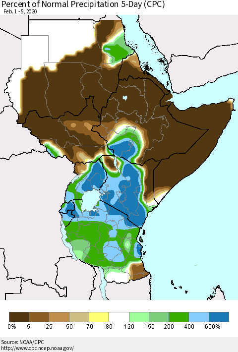 Eastern Africa Percent of Normal Precipitation 5-Day (CPC) Thematic Map For 2/1/2020 - 2/5/2020