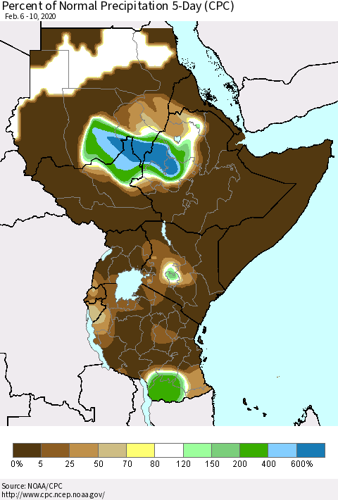 Eastern Africa Percent of Normal Precipitation 5-Day (CPC) Thematic Map For 2/6/2020 - 2/10/2020