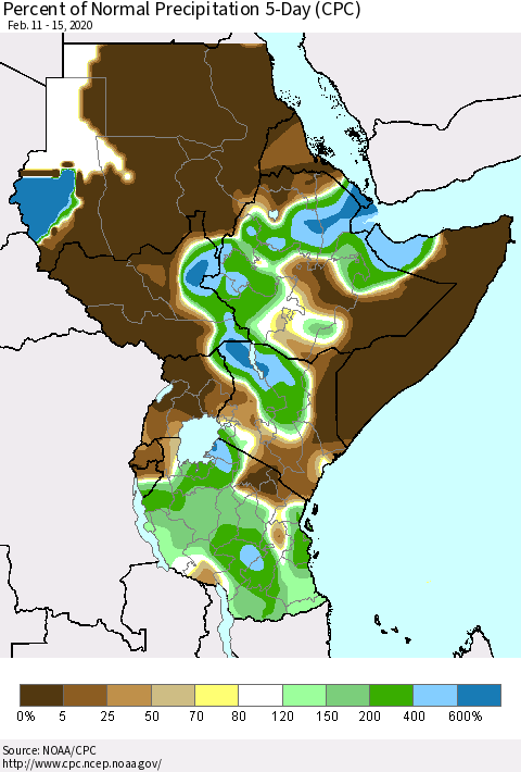 Eastern Africa Percent of Normal Precipitation 5-Day (CPC) Thematic Map For 2/11/2020 - 2/15/2020