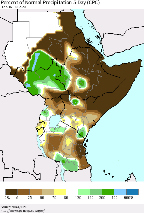 Eastern Africa Percent of Normal Precipitation 5-Day (CPC) Thematic Map For 2/16/2020 - 2/20/2020