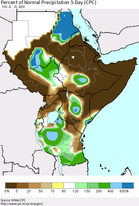 Eastern Africa Percent of Normal Precipitation 5-Day (CPC) Thematic Map For 2/21/2020 - 2/25/2020