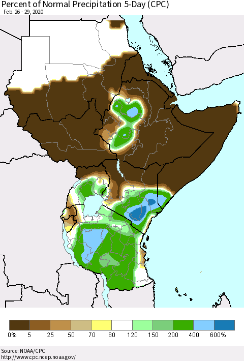 Eastern Africa Percent of Normal Precipitation 5-Day (CPC) Thematic Map For 2/26/2020 - 2/29/2020