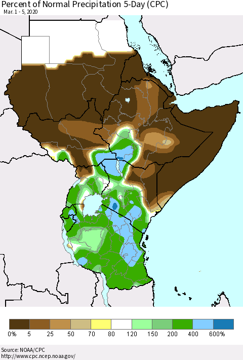 Eastern Africa Percent of Normal Precipitation 5-Day (CPC) Thematic Map For 3/1/2020 - 3/5/2020