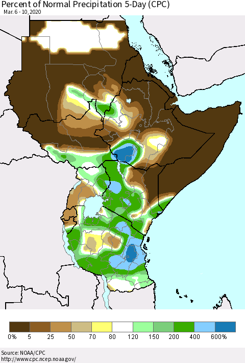 Eastern Africa Percent of Normal Precipitation 5-Day (CPC) Thematic Map For 3/6/2020 - 3/10/2020