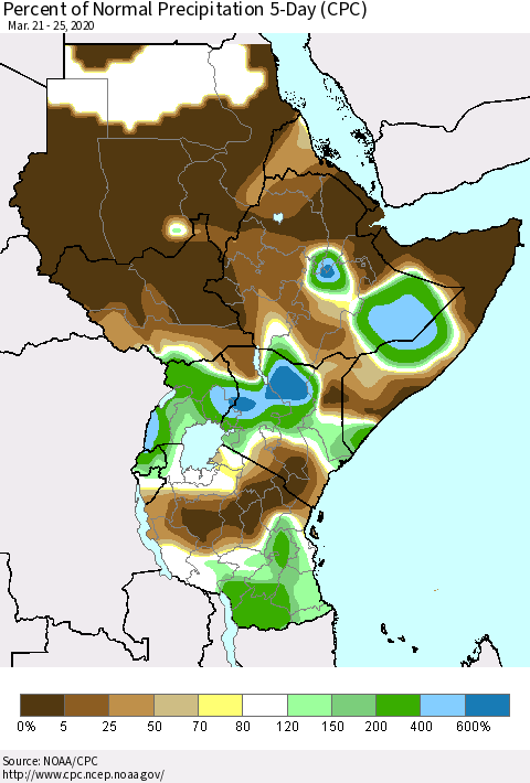 Eastern Africa Percent of Normal Precipitation 5-Day (CPC) Thematic Map For 3/21/2020 - 3/25/2020