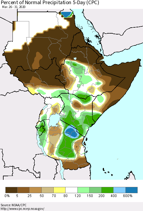 Eastern Africa Percent of Normal Precipitation 5-Day (CPC) Thematic Map For 3/26/2020 - 3/31/2020