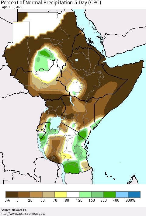 Eastern Africa Percent of Normal Precipitation 5-Day (CPC) Thematic Map For 4/1/2020 - 4/5/2020
