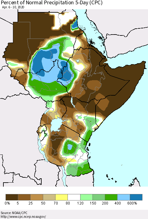 Eastern Africa Percent of Normal Precipitation 5-Day (CPC) Thematic Map For 4/6/2020 - 4/10/2020