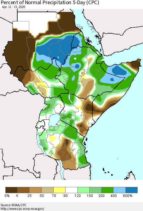 Eastern Africa Percent of Normal Precipitation 5-Day (CPC) Thematic Map For 4/11/2020 - 4/15/2020